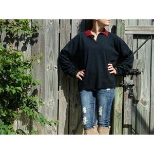 Vtg Glasgow Creation Preppy Sweater Navy Red Collar Slouchy Pullover M 60s 70s